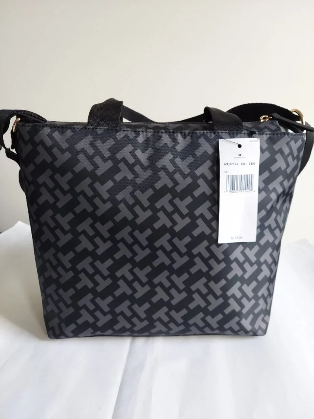 Tommy Hilfiger logo print structured bag nylon body, pocketed, gold tone detail